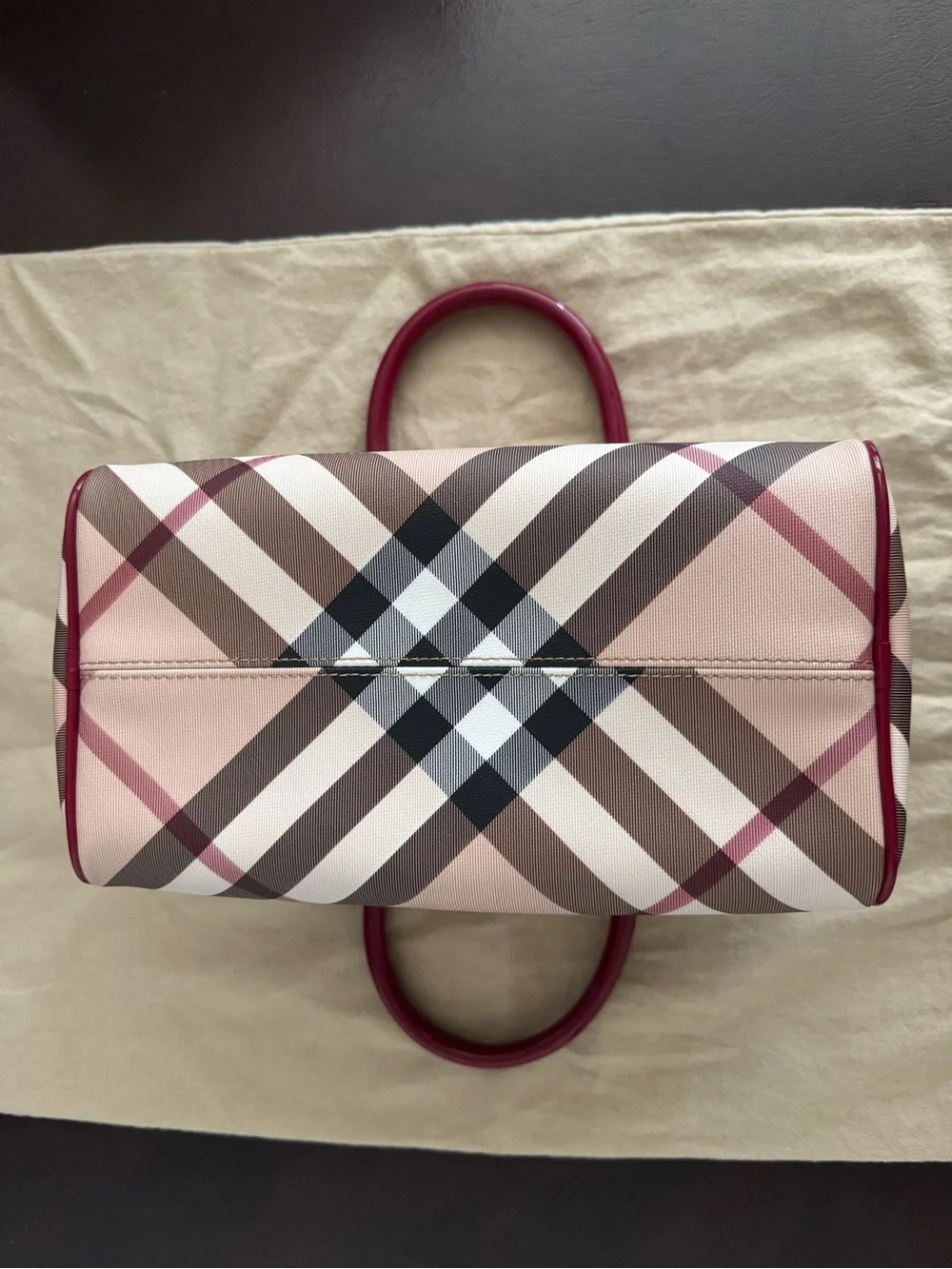 *Like New* Burberry Haymarket Check Bowling Bag with Bold Red Leather Trim